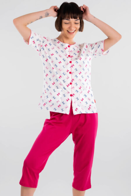 Piżama damska rozpinana różowa kokardki 3/4 PLUS SIZE muzzy nightwear - przód