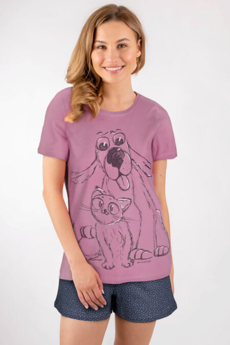 Piżama damska jagodowa szorty krótki rękawek pies z kotem muzzy - przód