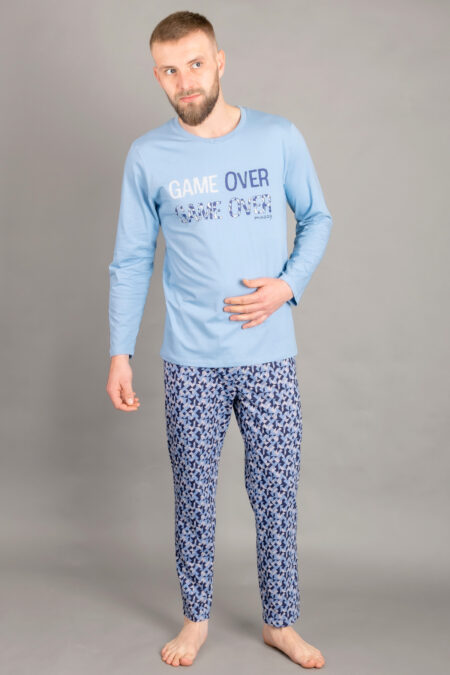 Piżama męska muzzy game over długi rękaw niebieska wzorki - przód