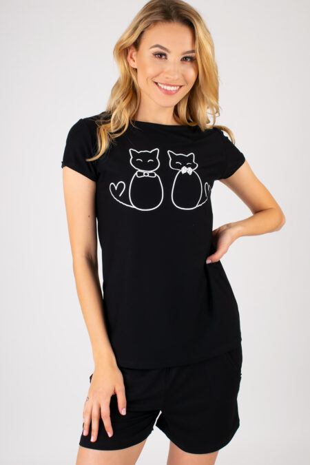 Piżama damska wiskoza koty szorty i koszulka muzzy - przód