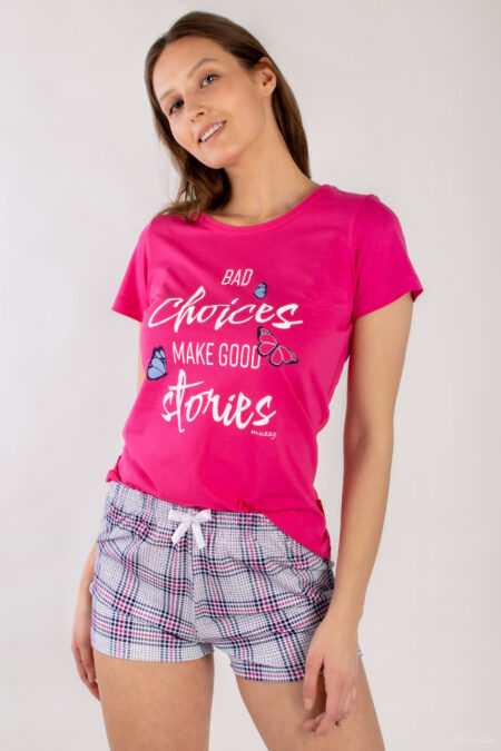 Piżama damska szorty kratka MOTYLKI różowa koszulka Muzzy - przód