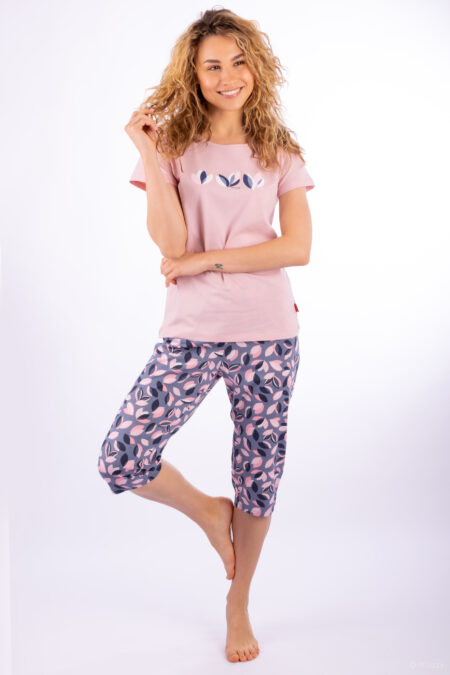 Piżama damska spodnie 3/4 różowa grafitowe LISTKI Muzzy - przód