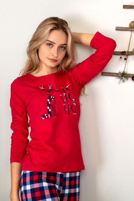 Piżama damska beżowa spodnie czerwona KRATA