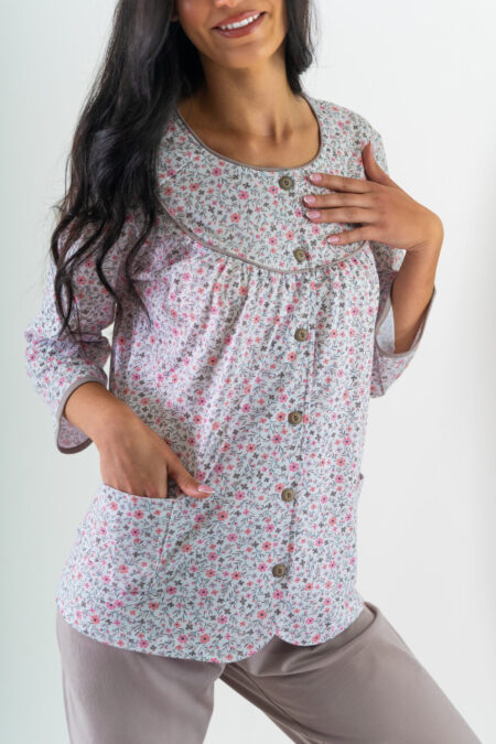 Piżama damska rozpinana BEŻOWA rękaw i spodnie 3/4 plus size