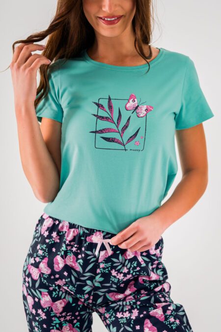 Piżama damska turkusowe MOTYLKI spodnie 3/4