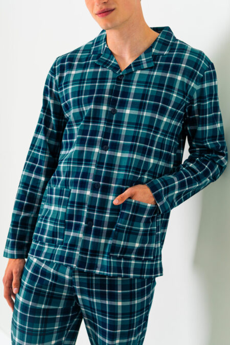 Piżama męska rozpinana w granatowo -zieloną kratę długie spodnie