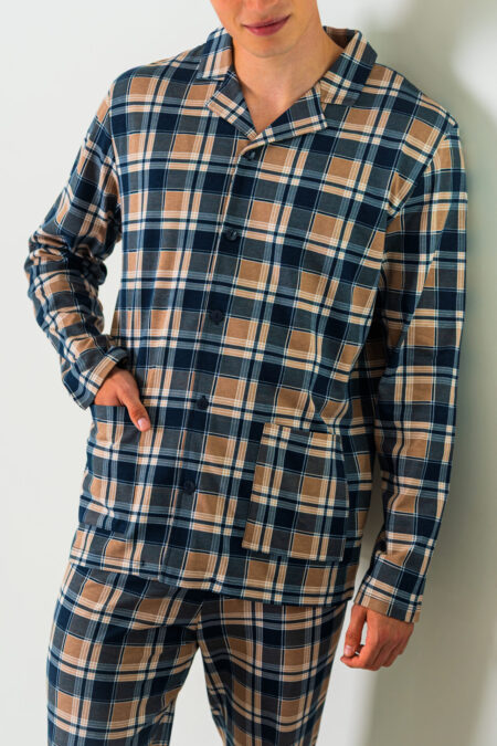 Piżama męska rozpinana w granatowo-beżową kratę długie spodnie.