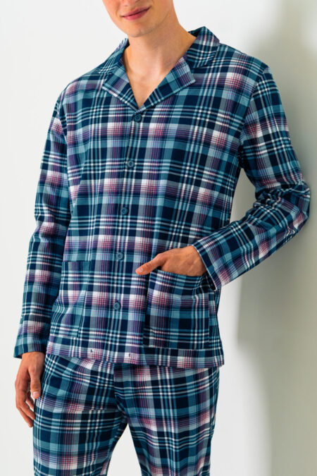 Piżama męska rozpinana w niebiesko-granatową kratę długie spodnie