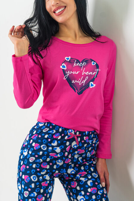 Piżama damska AMARANTOWE SERCE długi rękaw i długie spodnie