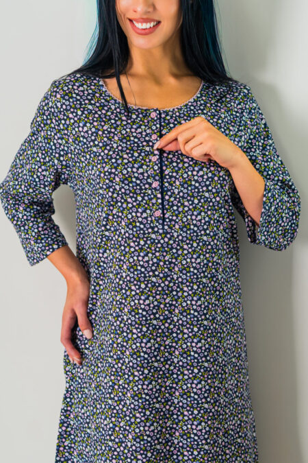 Klasyczna koszula nocna granatowa w drobne KWIATUSZKI częściowo rozpinana