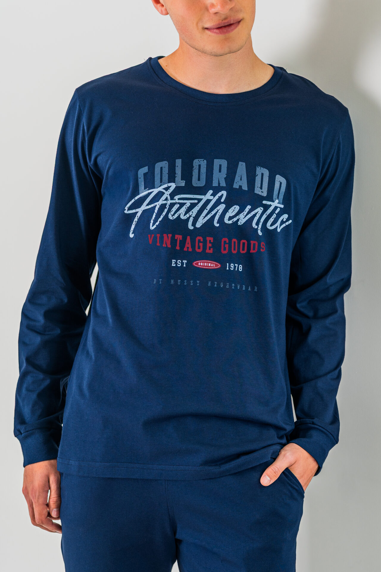 Granatowa piżama męska COLORADO długie spodnie i bluzka ze ściągaczem