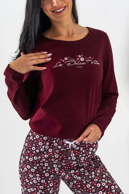 Piżama damska BORDOWY PORANEK długi rękaw i długie spodnie PLUS SIZE