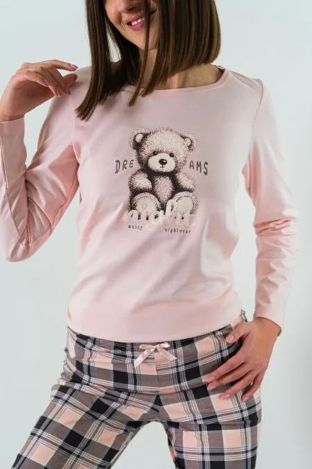 Piżama damska MIŚ długi rękaw i długie spodnie w kratę różowy