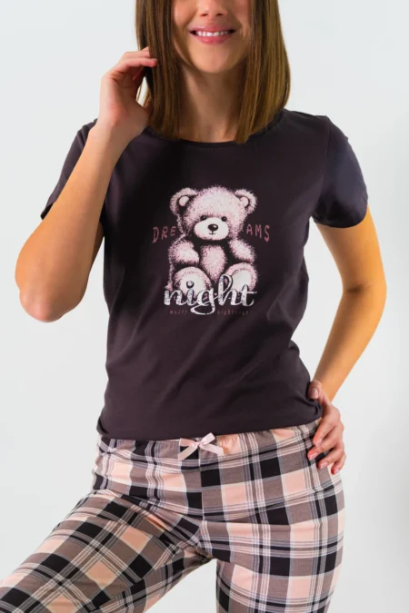 Piżama damska MIŚ krótki rękaw i spodnie 3/4w kratę plus size