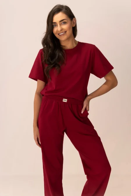 Piżama damska krótki rękaw i długie spodnie/ komplet loungewear bordo - 2XL